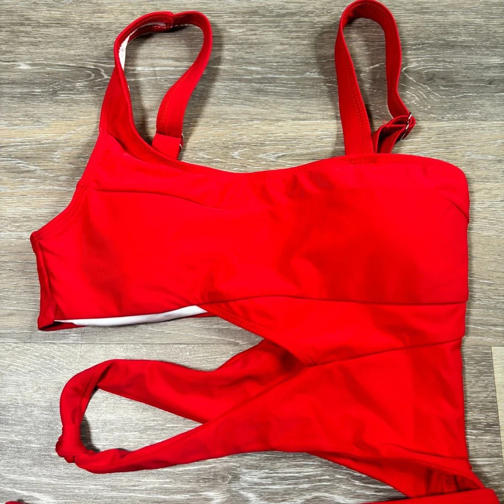 Red Cut-Out One Piece Swimsuit Monokini Adjustable Straps Knot Detail Size Small